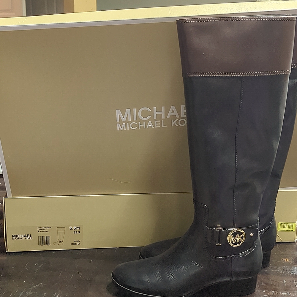 New leather Michael Kors size 5.5 Black and (brown) Mocha Harland riding boot